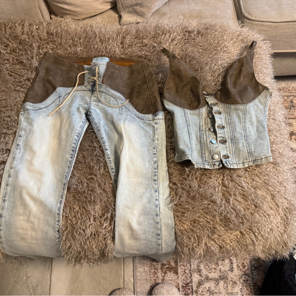 REVICE Brown and Light Blue Women Jeans Set